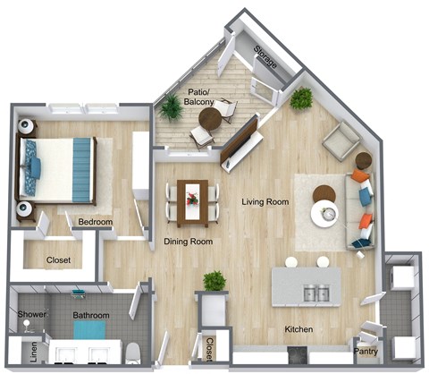 Floor plan for 1 bed, 1 bath, 766 sqft